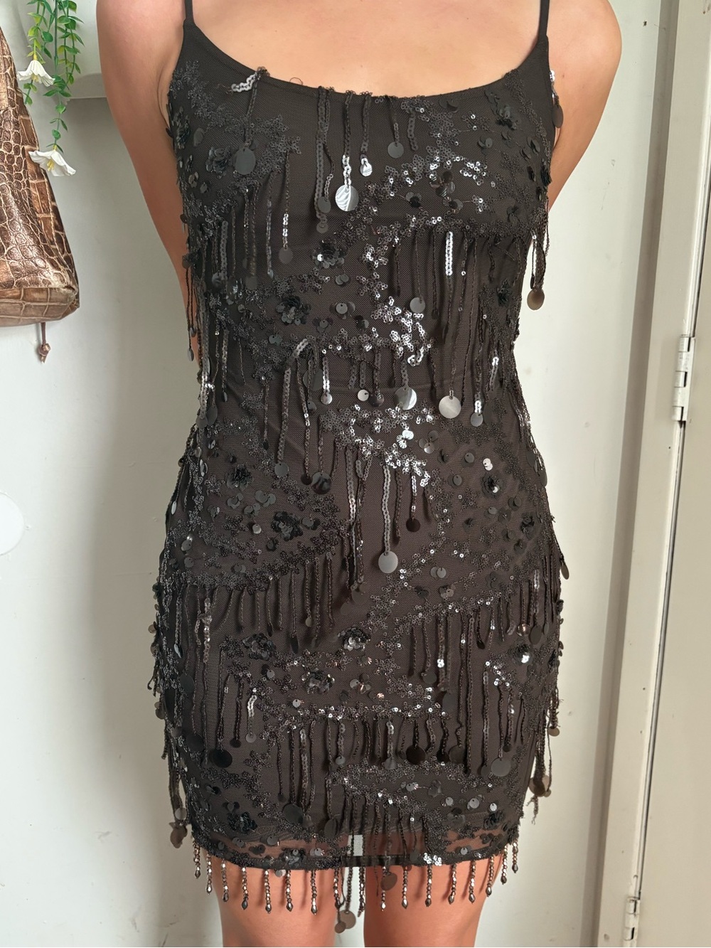 White Fox Brown Sequin Fringe Slip Dress